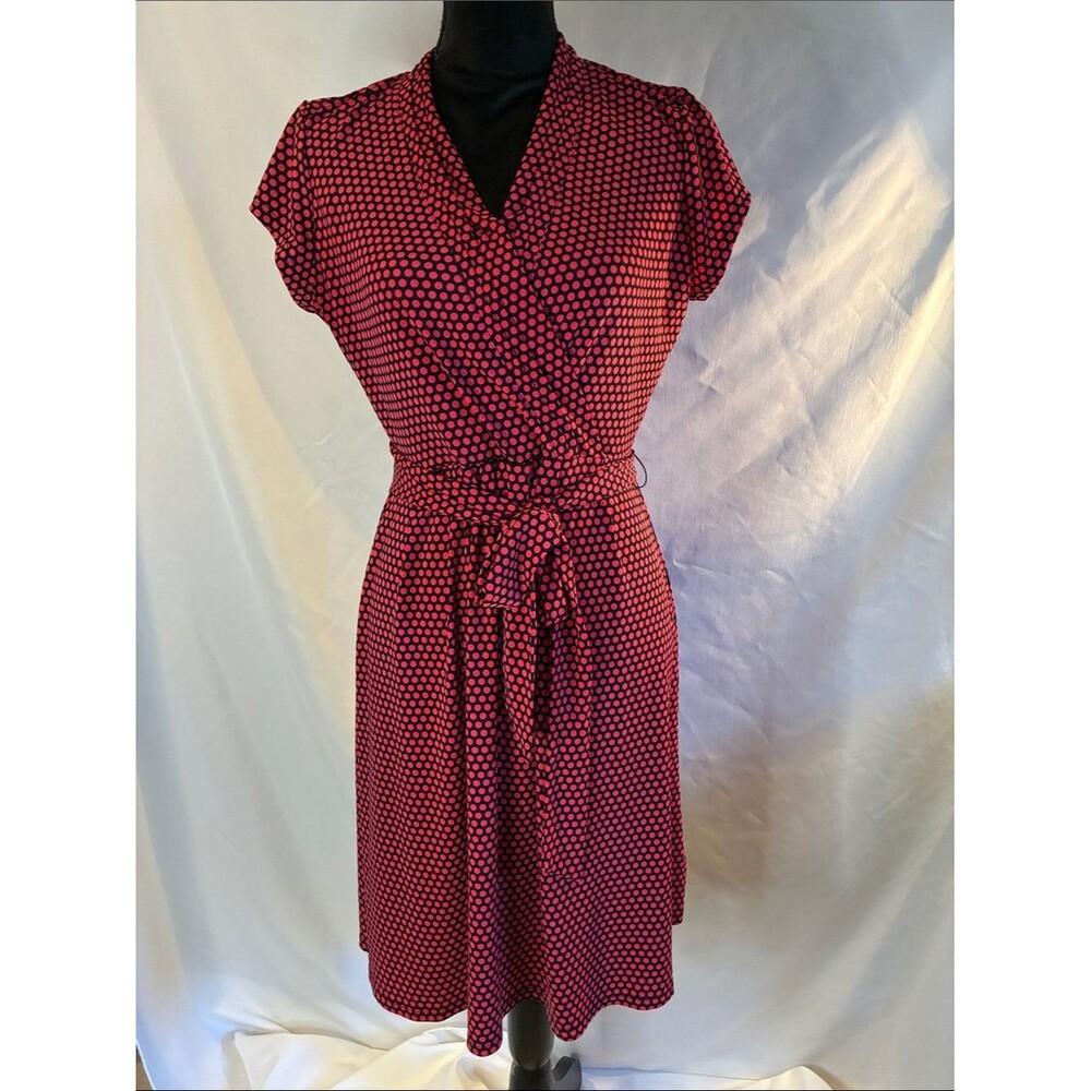 Liz Claiborne Red & black Polka Dot Wrap-Style Midi Dress size M office work